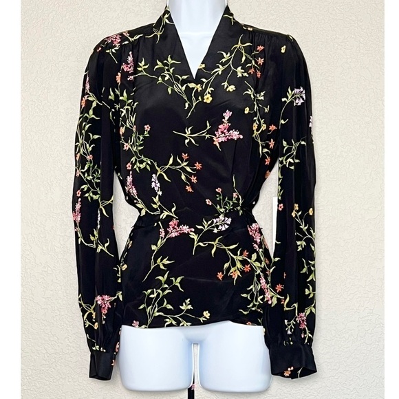 NWT L’AGENCE Silk Floral Print Shawl Collar Long Sleeve Tie Waist Wrap Blouse S - Picture 4 of 6